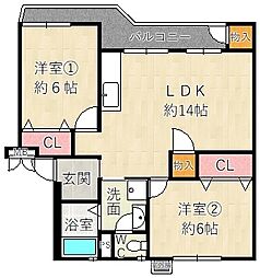大屋町ハイツ 2LDKの間取図画像