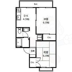 セジュール山代・上桂 2DKの間取図画像