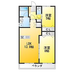 リーフ稲城 2LDKの間取図画像