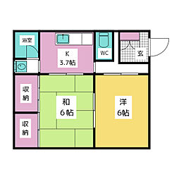コーポ田辺1 2Kの間取図画像