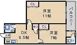 ハイツ荻野1-北 2DKの間取図画像