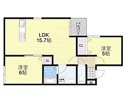 池田市豊島北1丁目アパート 2LDKの間取図画像