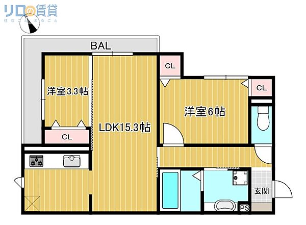 大阪府大阪市東淀川区豊新1丁目(賃貸アパート2LDK・3階・57.90㎡)の写真 その2