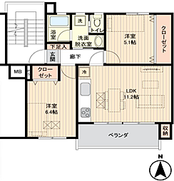 たまプラーザ住宅5-4号棟 2LDKの間取図画像