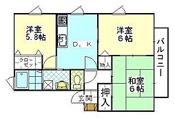 テイセキ将軍野南ハイツB 3DKの間取図画像