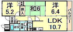 阪急神戸本線 武庫之荘駅 徒歩5分の賃貸マンション 3階3LDKの間取り