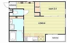 阪急神戸本線 園田駅 徒歩3分の賃貸アパート 2階1LDKの間取り