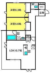 プリムヴェール 2LDKの間取図画像