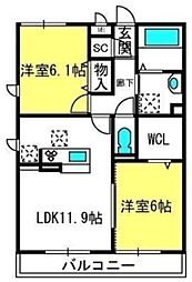 プリムヴェール十五番館 2LDKの間取図画像