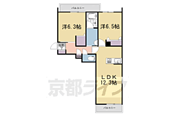 JR奈良線 黄檗駅 徒歩13分の賃貸マンション 2階2LDKの間取り