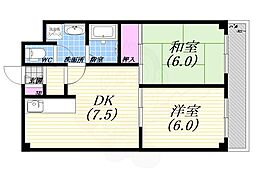 ヴィライーストサイド夙川 2DKの間取図画像