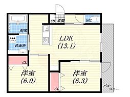 SAKURA甲子園三保町 2LDKの間取図画像