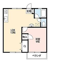 クレール坂下B棟 1DKの間取図画像