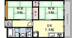西芦屋グリーンハウス 2DKの間取図画像