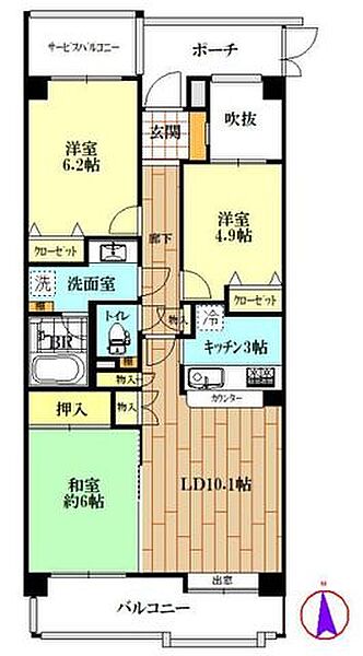 ガーデンステイツ新所沢 ｜埼玉県所沢市美原町２丁目(賃貸マンション3LDK・3階・69.46㎡)の写真 その2