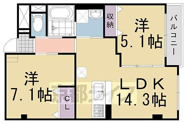 京都府乙訓郡大山崎町円明寺夏目(賃貸マンション2LDK・1階・59.34㎡)の写真 その2