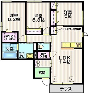 間取り：1フロア1住戸　南向きテラス