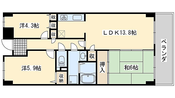 大阪府貝塚市澤(賃貸マンション3LDK・8階・67.60㎡)の写真 その2