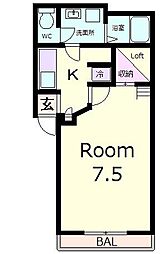 ピュアクリスタルI 2階1Kの間取り