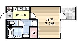 ウェルスクエア京都西陣WEST 3階1Kの間取り