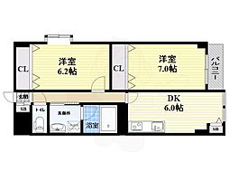 クラウンハイム豊新 2DKの間取図画像