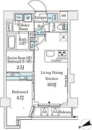 アジールコート山手動坂 7階2LDKの間取り