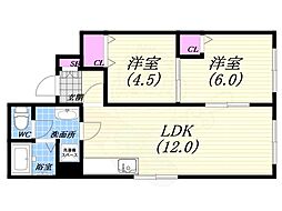 北夙川ハイツ 2LDKの間取図画像
