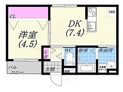 グランメール芦屋南宮町 1DKの間取図画像
