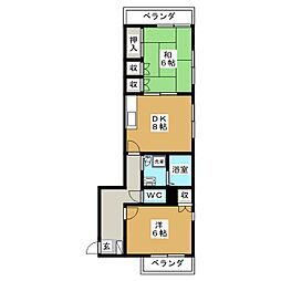 リバーコート 4階2DKの間取り
