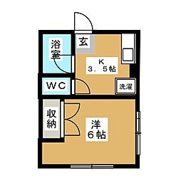 シティハイム若葉 2階1Kの間取り