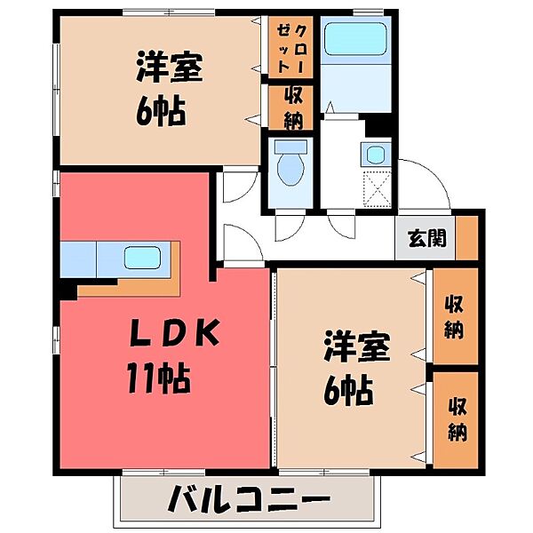 プレアデス・コート B ｜栃木県宇都宮市上横田町(賃貸アパート2LDK・2階・55.44㎡)の写真 その2