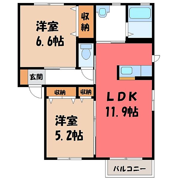 フォンティーヌ Ｂ ｜茨城県筑西市女方(賃貸アパート2LDK・2階・54.29㎡)の写真 その2