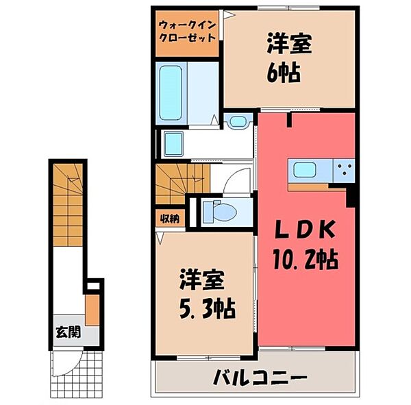 まほろば ｜栃木県下都賀郡野木町大字友沼(賃貸アパート2LDK・2階・54.85㎡)の写真 その2