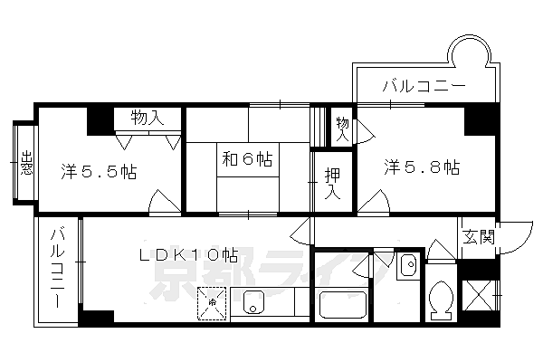 嵯峨西和 610｜京都府京都市右京区嵯峨五島町(賃貸マンション3LDK・6階・61.68㎡)の写真 その2