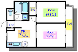 エレガント 2DKの間取図画像