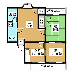 ラセーヌ東林間A 3DKの間取図画像