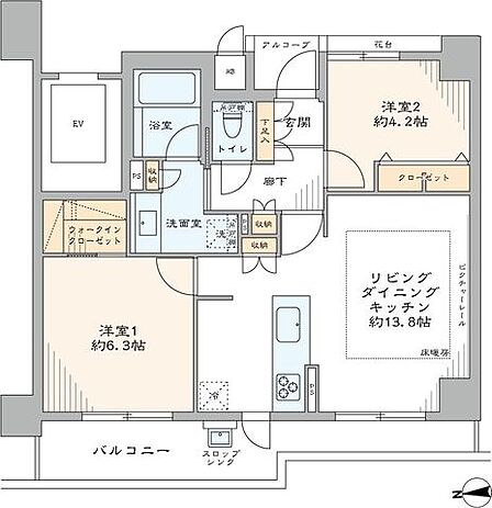 専有面積約55.04m2・5階部分・2LDK+WICの間取りです。リノベーションにより設備等を一新し、機能性とデザイン性を兼ね備えた住空間に仕上げました。