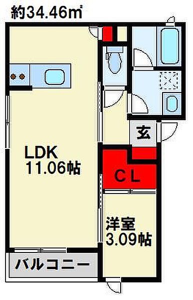 クレスコート ｜福岡県春日市上白水９丁目(賃貸アパート1LDK・1階・34.46㎡)の写真 その2