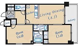 エステムプラザ梅田中崎町3ツインマークスノースレジデンス 2DKの間取図画像