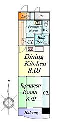 朝日プラザ大和町エザース 1DKの間取図画像