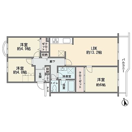 3階部分の東向き ワイドバルコニー 3LDK 現況空室 平成23年にフルリフォーム済み エアコン先行配管