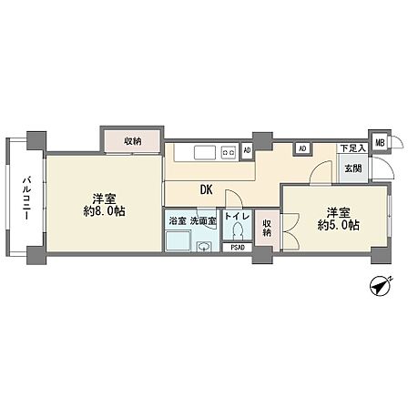 2階部分の南西向き 2DK 現況空室 エレベータ有り 総戸数72戸 大京アステージへの委託管理 エアコン付き