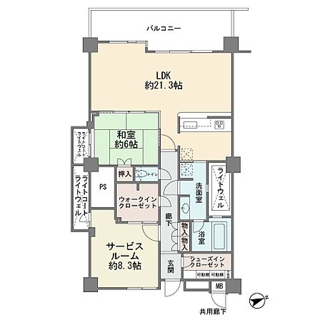 1階部分の西向きです　ペット飼育2匹可能　ワイドバルコニー　カウンターキッチン　ＬＤＫ21．3帖　ウォークインクロゼット　シューズインクローク　新規リフォーム済み　1ＬＤＫ＋サービスルーム8．3帖　…