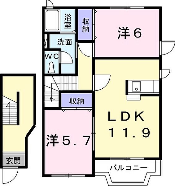 モダンライフ秋根Ｂ 203｜山口県下関市秋根上町2丁目(賃貸アパート2LDK・2階・62.07㎡)の写真 その2