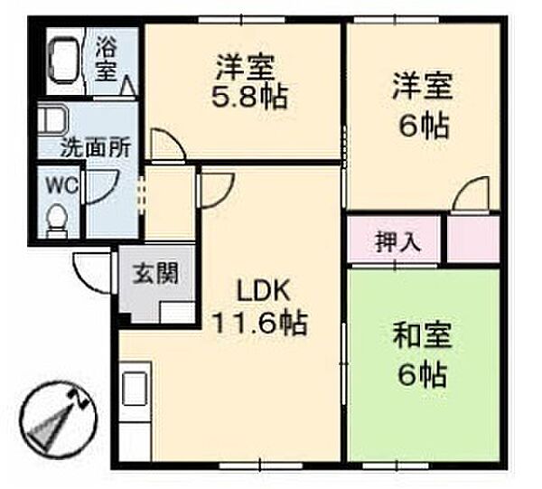 カーザ・ヴェルデ 102｜山口県下関市安岡本町2丁目(賃貸アパート3LDK・1階・62.94㎡)の写真 その2