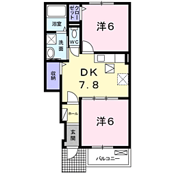 サンリットヒルII 1階2DKの間取り
