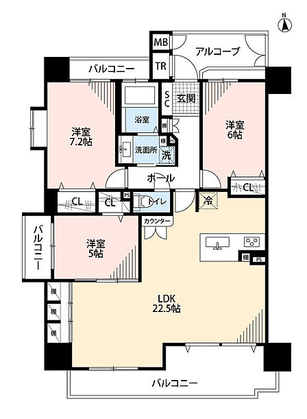 約22帖の大きなリビングが特徴的。洋室も広く収納スペースも多く、どんなご家族の形にも合う間取です。