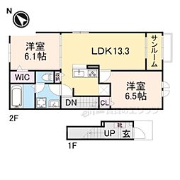 JR湖西線 新旭駅 徒歩15分の賃貸アパート 2階2LDKの間取り