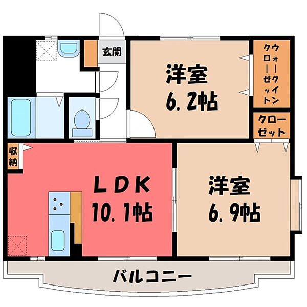 ヴァン ルミエール ｜栃木県下都賀郡壬生町大師町(賃貸マンション2LDK・2階・56.37㎡)の写真 その2