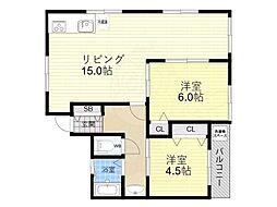 商業豊崎マンション 2LDKの間取図画像